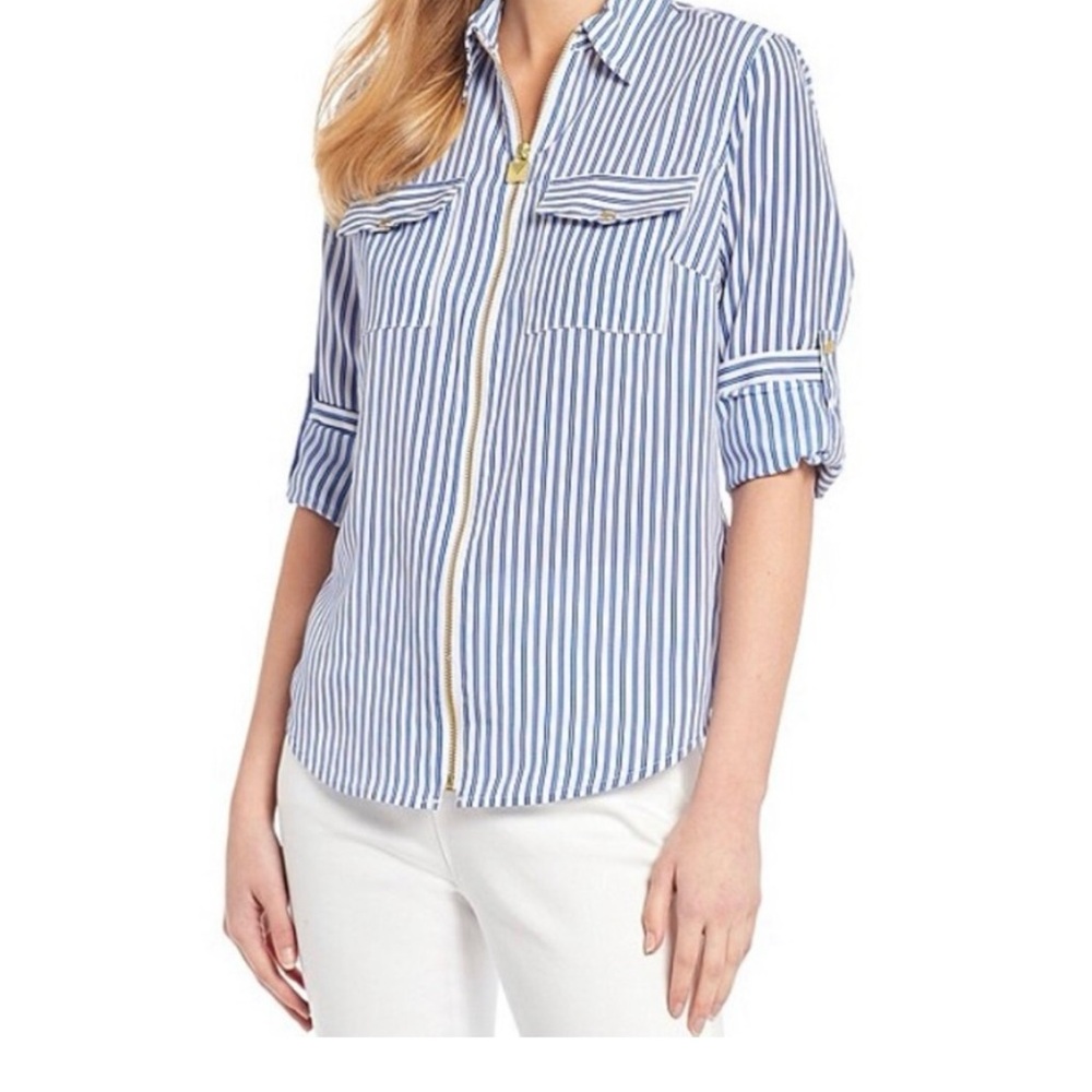 Michael Kors roll-tab  sleeve full stripe dog tag zip shirt